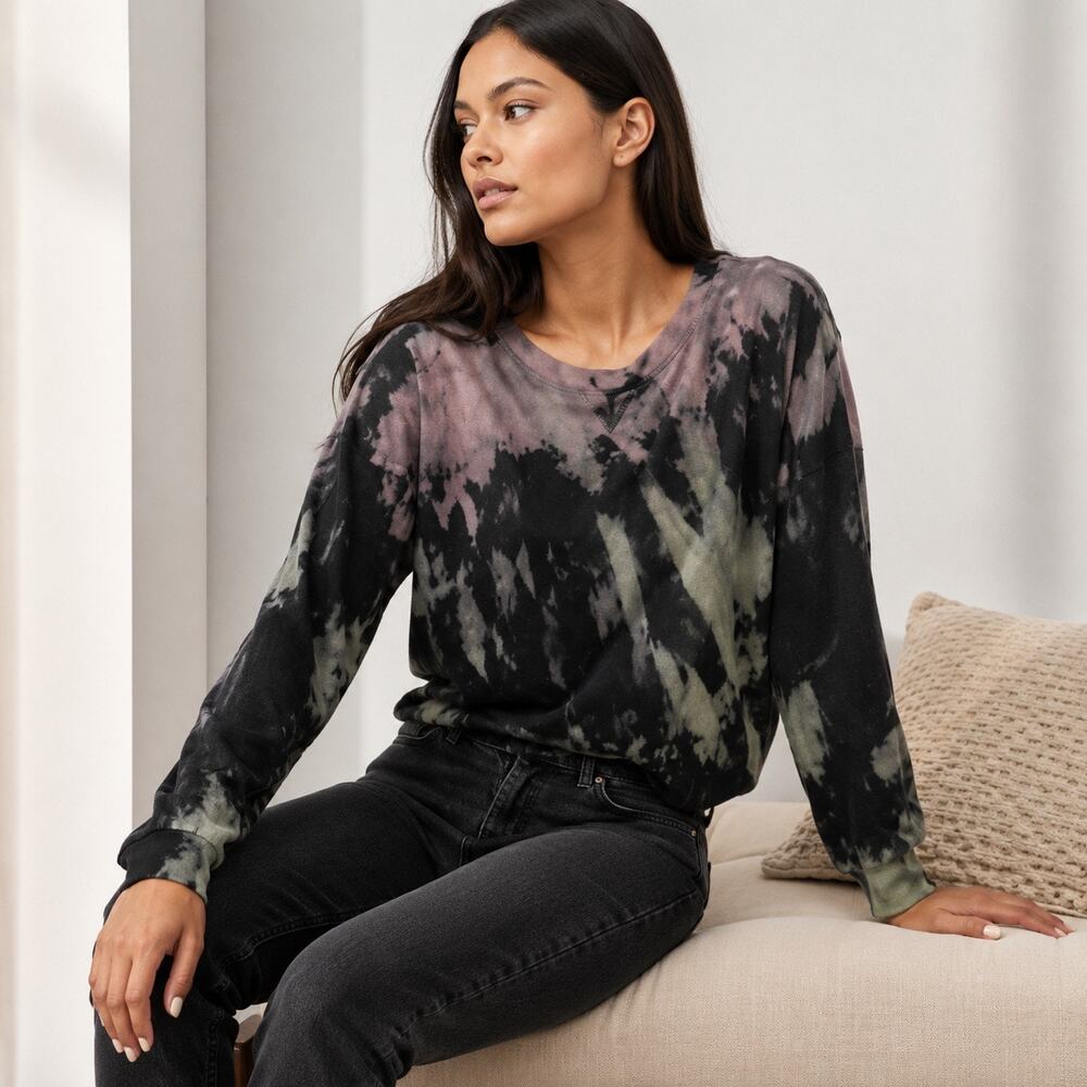 Rails Marlo Black Rainbow Tie-Dye Pullover Sweater Top S Zipper Sides edgy artsy